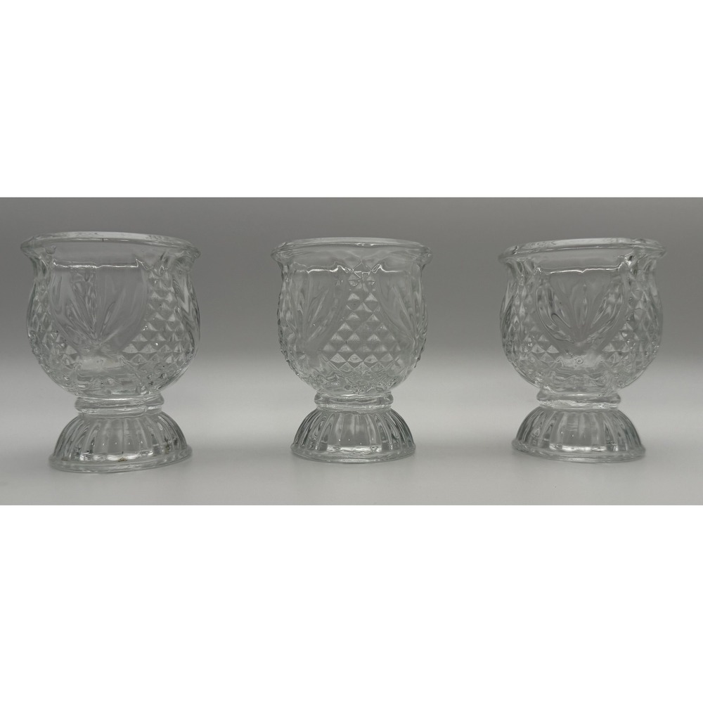 Set of 3 Clear Pressed Glass Votive Candle Holders Diamond Leaf Pattern Footed